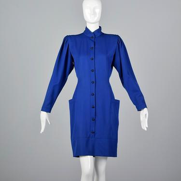 1980s Emanual Ungaro Pencil Dress Casual Vintage Dress 1980s 80s Vintage Medium Knee Length Skirt Long Sleeves Blue Wool 