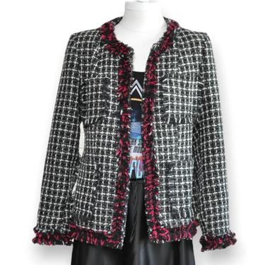 Vintage Black White Pink Tweed Jacket Women’s Plaid Preppy Blazer Size S/M Wool Blend Jacket 
