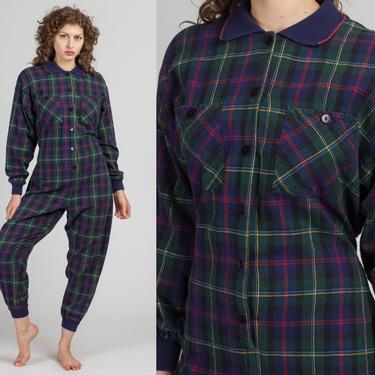 80s Plaid Cotton Flannel Pajama Onesie - Small | Vintage Retro Button Up Sleepwear Jumpsuit 