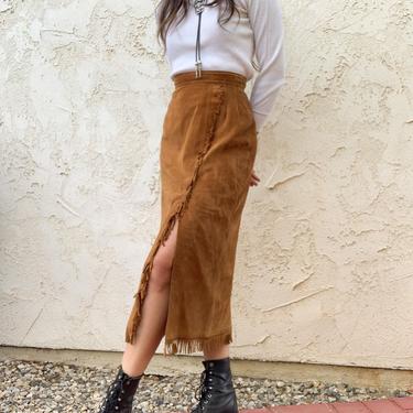 Vintage 80's Imagineer Design Studios Leather Suede Fringe Slit High Waisted Skirt 