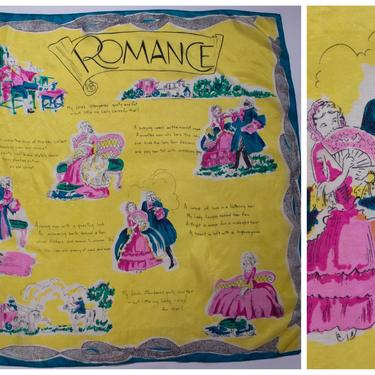 1940s Scarf - Rare Vintage 40s Large Novelty Silk Scarf &amp;quot;Romance&amp;quot; Themed with Story of an 18th Century Love Affair 