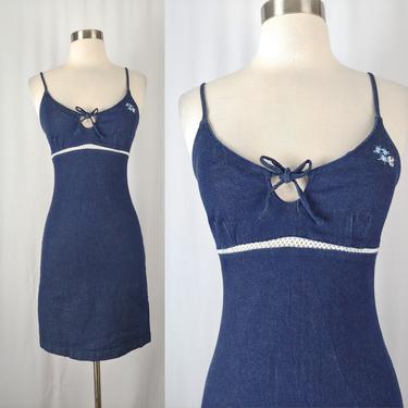 Vintage Y2K Girl Star Denim Stretch Bodycon Dress - 2000 Style Spaghetti Strap Jean Mini Dress - XXS Keyhole Summer Dress 