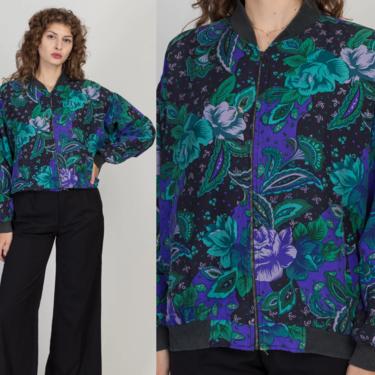 80s Silk Floral Print Jacket - Large to XL | Vintage Zip Up Novelty Windbreaker Bomber 
