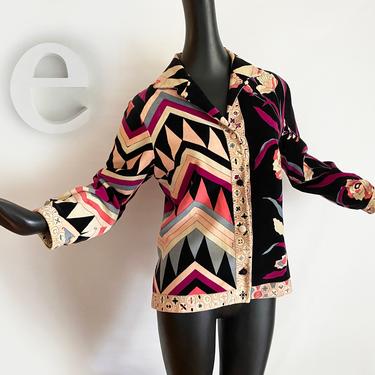 Vintage 60s Emilio Pucci Velvet Jacket • Pink Purple Black Floral + Geometric Authentic Signed Designer Velveteen • MOD Couture • Size Large 