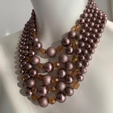 Vintage 1950'S Pearl Necklace - 5 Strands of Mauve Pearls Mingled with Gold Iridescent Crystals - Made in Japan 