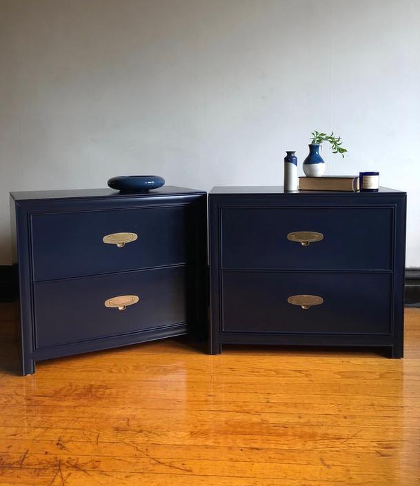 Dazzling navy blue bedside table Pair Of Navy Blue Campaign Nightstands Modern Bedside Tables With Drawers Set Two Matching Vintage By Ravenswoodrevival From Ravenswood Revival Chicago Il Attic