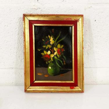 Vintage Framed Flowers Original Painting Art Dark Floral Arrangement Gold Wood Frame Painted Oil Acrylic Paint Amateur Painter Still Life 