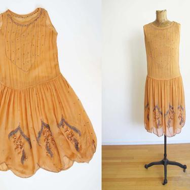 Vintage 1920s Beaded Flapper Dress Small - 20s Chiffon Art Deco Party Dress Dusty Peach Orange - For Study Condition Issues 