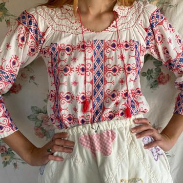 Vintage Embroidered Peasant Blouse / Red and Blue Embroidered Cotton Hippie Blouse / Penny Lane Blouse / Sixties Cotton Tunic Shirt 