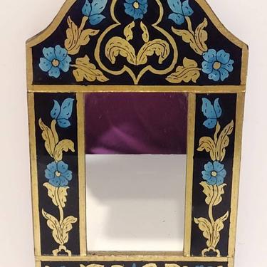 Vintage Morocan Arabesque Floral Handpainted Wood Mirror 10&quot; 