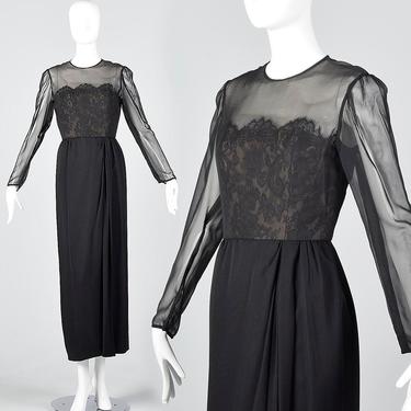 Michael Novarese Illusion Neckline Long Sleeve Maxi Dress Black Silk Chiffon Gown Formal Evening Dress Full Length Pencil Dress 