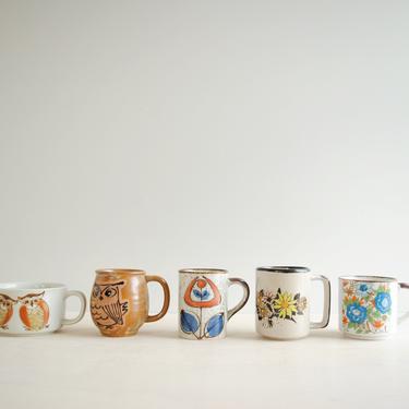 Vintage Set of 5 Vintage Ceramic Mugs, Assorted Vintage Mugs, Instant Mug Collection, Coffee and Tea Mug Lot, Stoneware Mugs, Owl Mugs 