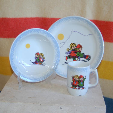 1994 Lillehammer Olympics Norway Winter Olympics Memorabilia / Souvenir 3 pc. Porsgrund Porcelain Children Skiing Child's Plate, Bowl &amp; Cup 