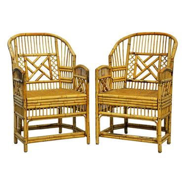 Pair of Large Brighton Pavilion Style Chinoiserie Chippendale Bamboo Armchairs