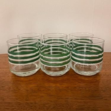 Set of 6- Vintage Libbey Mid Century Federal Glass, Lowball Whiskey Cocktail or Juices Glasses, Green and White Stripe, MCM Retro Kitchen 