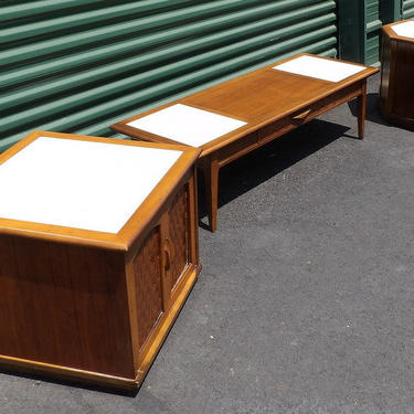 Original Lane Mid Century Modern Brutalist Living Room Set Coffee Table & Pair of End Tables Marble Inset Maple 1960's Era Teak Wood Color 