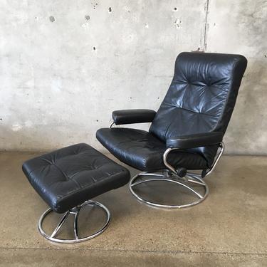 Mid Century Stress less Enores Leather Recliner &amp; Ottoman