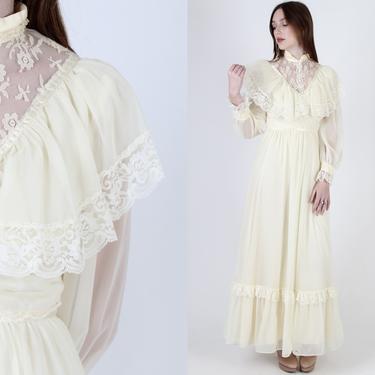 Cream Prairie Wedding Dress / Vintage 70s Sheer Floral Lace Bridal Dress / Simple Ivory Bridesmaids Capelet Boho Lawn Tea Maxi Dress 