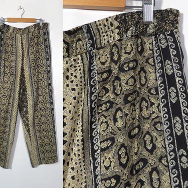 Vintage 90s Abstract Print High Waist Elastic Waist Straight Leg Rayon Summer Weight Comfy Loungewear Pants Made In USA Size 14 L/XL 