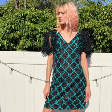 Vintage Party Sequin Dress / Puffed Sleeve Midi Dress /  Teal Green and Black / Haute Hippie Midi Dress / Zig Zag Blue Sequin Dress 