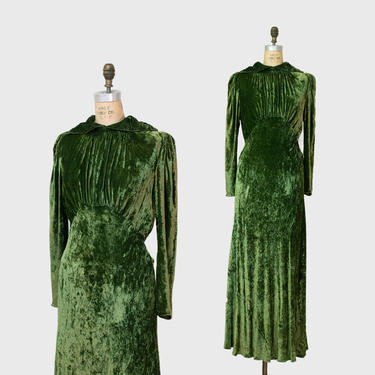 1930s Green Velvet Dress / 30s Bias Cut Gown | Female Hysteria | Boston, MA