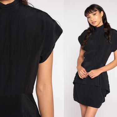 Black Mini Dress 90s Party Dress Tiered High Neck Cocktail Formal Dress Vintage Little Black Dress Cap Sleeve 80s Extra Small xs s 