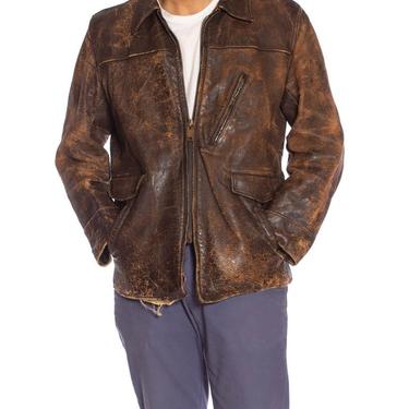 1940S Brown Leather Distressed Zipper Front Jacket 