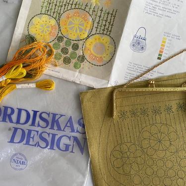 Vintage Nordiskas Design Embroidery Purse Kit, Scandinavian Embroidery Kit, Purse With Gold Chain Handle 