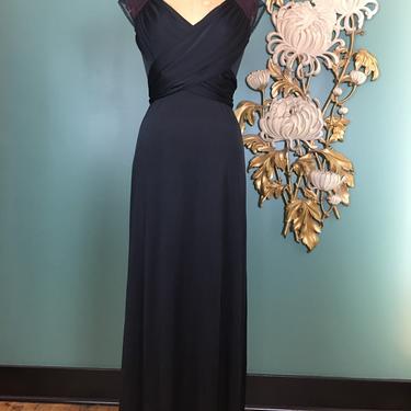 1970s maxi dress, backless dress, vintage 70s dress, wrap bust, vintage 70s dress, Roberta, black lace, size small, sexy formal, draped, 26 