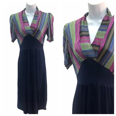 Vintage VTG 1930s 30s Navy Multicolored Stripe Striped Day Dress 