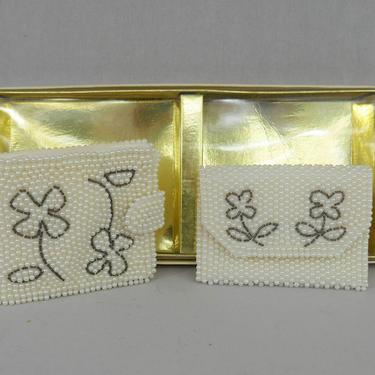 60s Ladies Wallet and Change Purse Set in Box - White Faux Pearl and Dark Gray Beads - Bon Soir Hand Made in Japan 