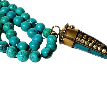 Vintage Nepal Turquoise Tusk Pendant and Beaded Necklace - Turquoise Jewelry 