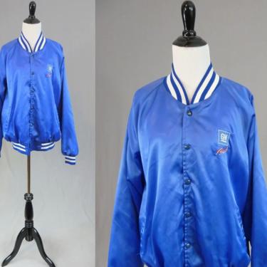 Vintage Blue Satin Jacket - GM Proud - General Motors - Men's Spring Fall Coat - Bomber Chalkline Baseball - UAW - XL 