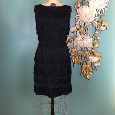 1960s fringe dress, vintage mini dress, flapper style, 60s does the 20s, 1920s style dress, black tassel dress, size small, holiday, nye, 28 
