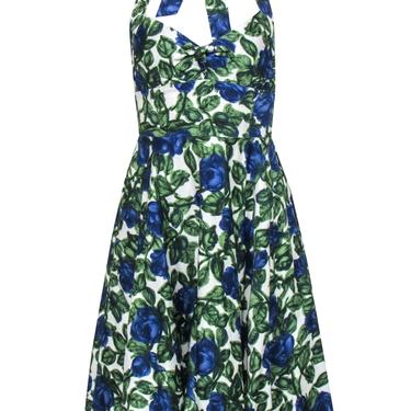 Nanette Lepore - White, Green &amp; Blue Rose Print Halter A-Line Dress Sz 0