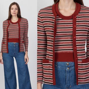 70s Striped Cardigan & Crop Top Set - Extra Small | Vintage Jonathan Logan Ribbed Two Piece Outfit 