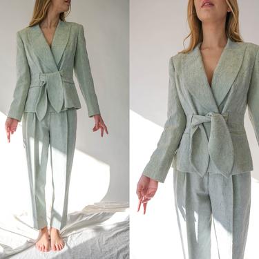 Vintage 80s Alberto Makali Crinkled Iridescent Seafoam Gold Double Breasted Pant Suit | Made in USA | 1980s Does 1940s Designer Power Suit 