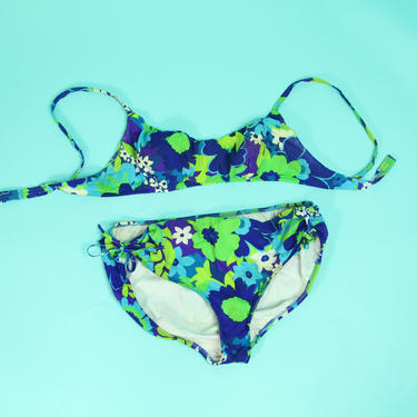 1960s Vintage Floral Bathing Suit Two Piece Swimsuit Bikini Colorful Novelty Print 