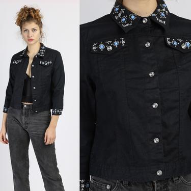 90s Bejeweled Cropped Black Jean Jacket - Petite Medium | Vintage Western Denim Jacket 