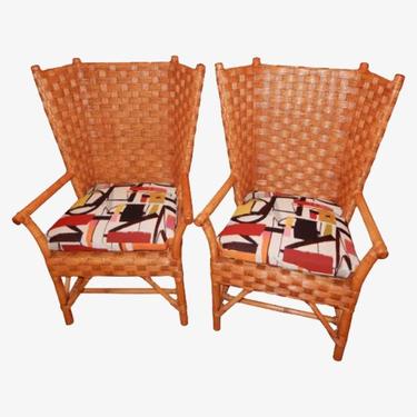 Pair of Rare Walters Wicker Modern High Back Chairs