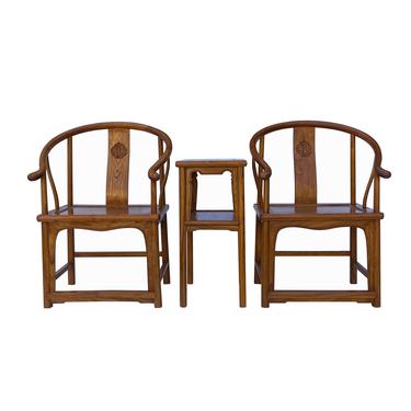 Chinese Handmade Light Brown Horseshoe Armchair Table 3 Pieces Set cs6179E 