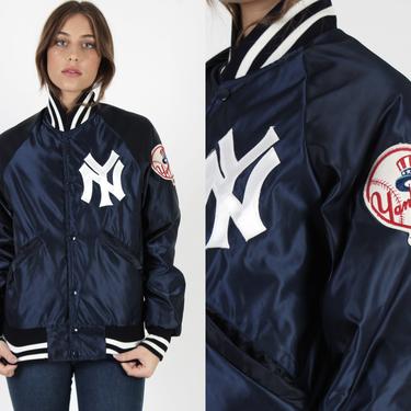 NY Yankees Vintage 90s Athletic Jacket Blue Satin Bomber Style