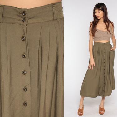 Olive Brown Button Up Skirt 80s Midi Skirt Military Inspired Boho HIGH WAISTED 1980s Vintage Preppy Casual Rayon Flowy Draped Small S 