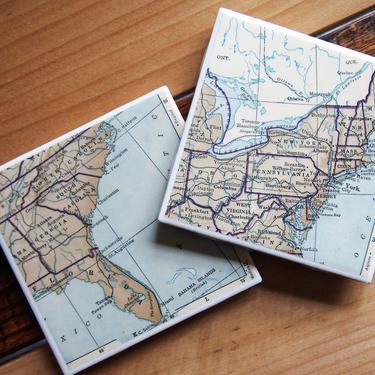 1930 East Coast United States Vintage Map Coasters Set of 2 - Ceramic Tile - Repurposed 1930s Geography Textbook - Handmade - Eastern USA 
