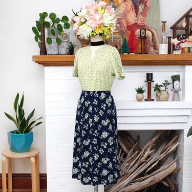Vintage 2000s Y2K Rose Floral Print Skirt - Navy Blue &amp; Green Elastic Waisted Midi Skirt - XL 