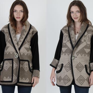 Vintage 70s Reversible Southwestern Jacket, Native American Print Wool Coat, Mens Womens Unisex Aztec Indian Blanket Waist Coat 