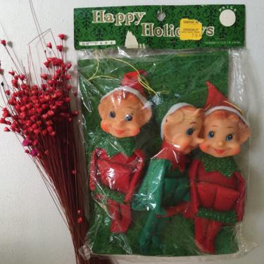 Vintage Knee Huggers In Package, Set Of 3 Christmas Elves, Vintage Xmas Decor, Christmas Tree Ornaments 
