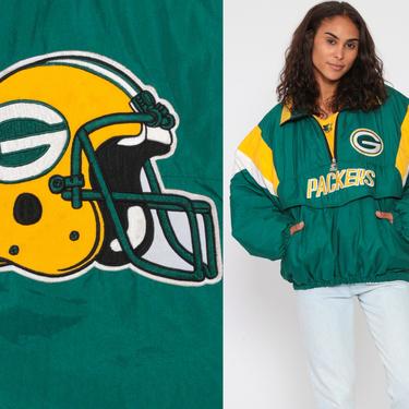 Green Bay Packers Jacket Starter Pullover Football Jacket NFL Jacket Sports  Green Yellow 90s Vintage Half Zip Pullover Medium Large