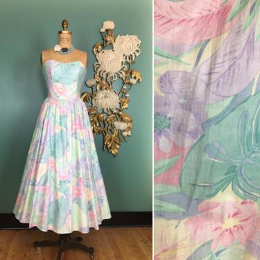 1980s sundress, fit and flare, vintage 80s dress, pastel floral, tropical print, smocked dress, 1950s style, strapless dress, full skirt, 28 