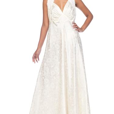 MORPHEW COLLECTION Ivory Floral Rayon Satin Bias Cut  Gown With Lace Trim & Train 